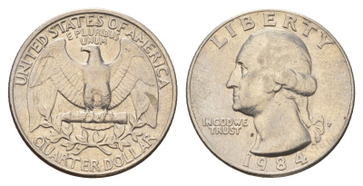 США 25 центов (квотер) 1984 P, Джордж Вашингтон KM А164а медь плакированная медно-никелем 4681-147