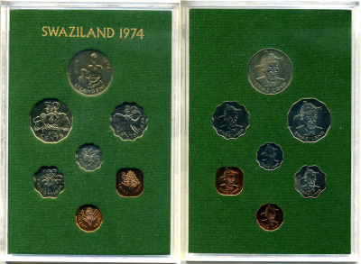 Свазиленд набор из 7 монет 1974 в оригинальной пластиковой упаковке, тираж 20000 KM PS 2 (KM 7-13) PROOF 4-4-1-1