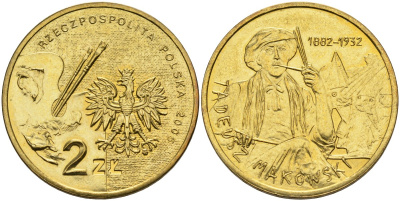 Польша 2 злотых 2005 MW, серия польские художники, Тадеуш Маковский (1882-1932) KM 541, Parchimowicz 961 латунь 4539-416