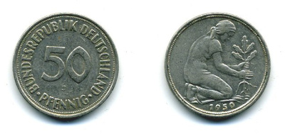 ФРГ 50 ПФЕННИГОВ 1950 J KM 109.1, J. 384 медно-никель 25-1837