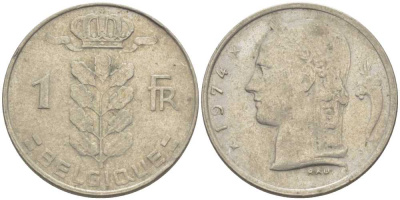 Бельгия 1 франк 1974 Belgique, Бодуэн I (1951-1993) KM 142.1 медно-никель 119-525