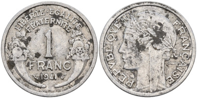 Франция 1 франк 1941 KM 885a.1, Le Franc 269.2 алюминий 4142-855