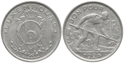 ЛЮКСЕМБУРГ 1 ФРАНК 1924 СТАЛЕВАР, ШАРЛОТТА (1919-1964) KM 35 никель 28-1214