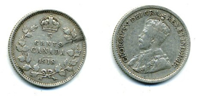 Канада 5 центов 1918 Георг V (1910-1936) KM 22 серебро 46-919
