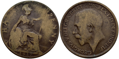 Великобритания 1/2 пенни 1917 Георг V (1910-1936) KM 809, Spink 4056 бронза 51-737