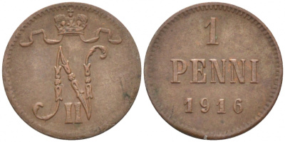 РОССИЯ ДЛЯ ФИНЛЯНДИИ 1 ПЕННИ 1916 НИКОЛАЙ II (1895-1917) KM 13, Биткин 476 медь 211-1063