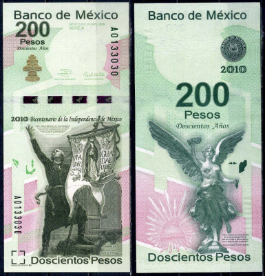 Мексика 200 песо 2008 Двухсотлетие независимости 1810-2010, Мигель Идальго и Костилья с флагом Святой Девы Марии Гваделупской (с картины «Дон Мигель Идальго» Хесуса Энрике Эмилио де ла Хельгера Эспиносы) Pick 129 a бумага UNC (пресс) 451-744-2