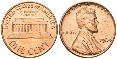 США 1 цент 1964 Линкольн, из ролика KM 201 медь цинк  UNC  M58-20