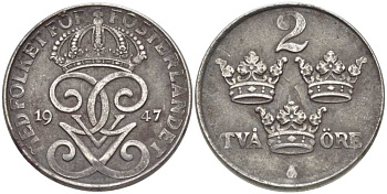Швеция 2 эре 1947 Густав V (1907-1950) KM 811 железо 119-1033