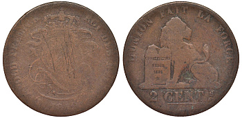 Бельгия 2 сантима 18?? Леопольд I, лев KM 35.1 медь 4163-226