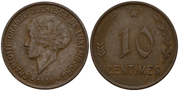 Люксембург 10 сантимов 1930 Шарлотта (1918-1964) KM 41 бронза 4577-533
