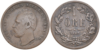 Швеция 1 эре 1863 Карл XV (1859-1872) KM 705 (490) бронза 187-161