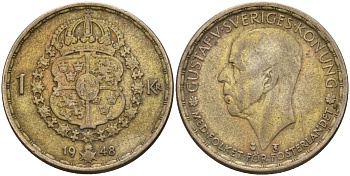 Швеция 1 крона 1948 TS, Густав V (1907-1950) KM 814 серебро 4148-1051