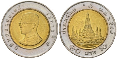 Таиланд 10 бат 2006 ВЕ 2549, Рама IX (1946-2016) Y 227 биметалл UNC 4612-1125