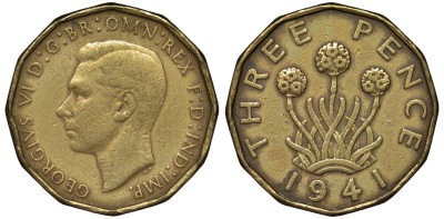 Великобритания 3 пенса 1941 Георг VI (1936-1952) KM 849, Spink 4112 никель латунь 4122-913