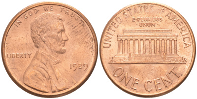 США 1 цент 1989 Линкольн KM 201b цинк плакированный медью UNC 187-712