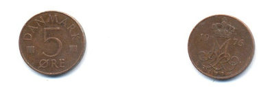 Дания 5 эре 1976 S; B, Маргрете II (1972- ) KM 859.1 железо плакированное медью 4379-748