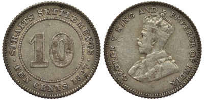 Стрейтс-Сетлментс 10 центов 1927 Георг V (1910-1936) КМ 29b серебро 53-643