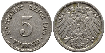 ГЕРМАНИЯ 5 ПФЕННИГОВ 1909 A KM 11, Jager 12, Weege 6 медно-никель 4547-469