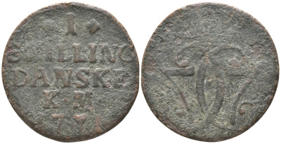 ДАНИЯ 1 СКИЛЛИНГ 1771 КМ, КРИСТИАН VII (1766-1808) KM 616 (С47) медь 83-233