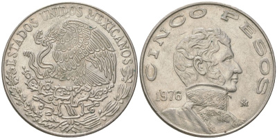 Мексика 5 песо 1976 Mo, Винсенте Герреро KM 472 медно-никель 4403-116