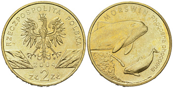 Польша 2 злотых 2004 MW, серия сохраним природу, морская свинья KM 464 нордик  UNC  4531-1226