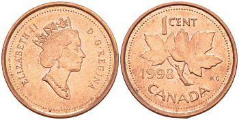 КАНАДА 1 ЦЕНТ 1998 КЛЕНОВЫЙ ЛИСТ, ЕЛИЗАВЕТА II KM 289 сталь плакированная медью 112-112