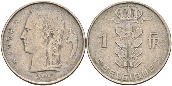 БЕЛЬГИЯ 1 ФРАНК 1952 BELGIQUE KM 142.1 медно-никель 4563-1213