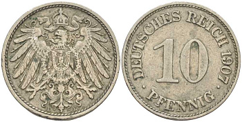 Германия 10 пфеннигов 1907 E KM 12, J. 13 медно-никель 34-943