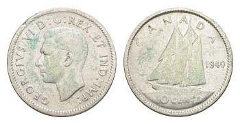 Канада 10 центов 1940 Георг VI (1936-1952), парусник KM 34 серебро 4639-541