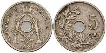 Бельгия 5 сантимов 1921 Belgen KM 67 медно-никель    4598-912