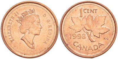 КАНАДА 1 ЦЕНТ 1998 КЛЕНОВЫЙ ЛИСТ, ЕЛИЗАВЕТА II KM 289 сталь плакированная медью 112-112