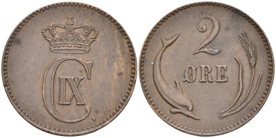 Дания 2 эре 1875 VBP, Кристиан IX (1863-1906) KM 793.1 бронза 190-947