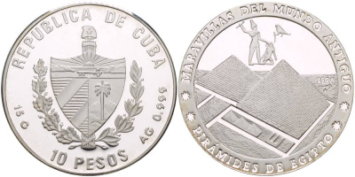 Куба 10 песо 1997 серия семь чудес света, пирамиды Гизы KM 597 серебро  PROOF 00-00