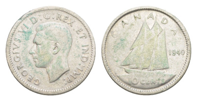 Канада 10 центов 1940 Георг VI (1936-1952), парусник KM 34 серебро 4639-541