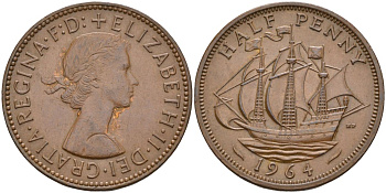 Великобритания 1/2 пенни 1964 Елизавета II (1952-2022) KM 896, Spink 4158 бронза 4126-811
