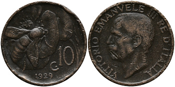ИТАЛИЯ 10 ЧЕНТЕЗИМО 1929 R, ВИКТОР ИМАНУИЛ, ПЧЕЛА KM 60 медь 72-746
