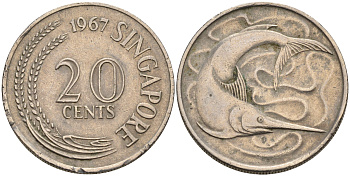 Сингапур 20 центов 1967 голубой марлин, тунец KM 4 медно-никель 4116-411