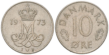 Дания 10 эре 1973 S; S, Маргрете II (1972-) KM 860 медно-никель aUNC 211-269