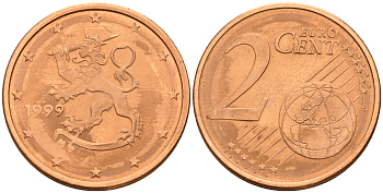 Финляндия 2 евроцента 1999  KM 99 сталь плакированная медью  UNC  4160-345