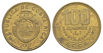 Коста-Рика 100 колонов 2007 KM 240a сталь плакированная латунью 4631-1145