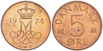 ДАНИЯ 5 ЭРЕ 1974 S; B, МАРГРЕТЕ II (1972-) KM 859,1 железо плакированное медью 201-1162