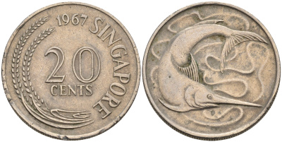 Сингапур 20 центов 1967 голубой марлин, тунец KM 4 медно-никель 4116-411