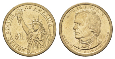 США 1 доллар 2011 P, Президент США - Эндрю Джонсон (1865-1869) KM 499 медь с марганцево-латунным покрытием UNC 4629-257