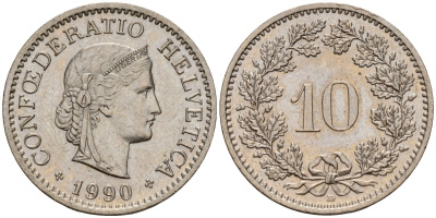 Швейцария 10 раппенов 1990 B KM 27 медно-никель 4189-433