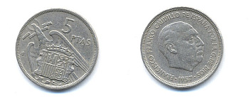 ИСПАНИЯ 5 ПЕСЕТ 1964 KM 786 медно-никель 54-1411