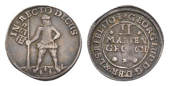 Брауншвейг-Каленберг-Ганновер 2 мариенгроша 1704 дикарь, Георг I (1698-1727), из коллекции Ричарда Б. Смита Welter 2202, KM 6 серебро 1525-743