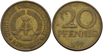 ГДР 20 пфеннигов 1969 A, первый год KM 11 латунь 95-723