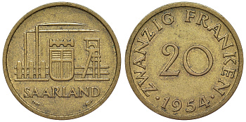 Саарланд 20 франков 1954 индустрия KM 2 алюминиевая бронза 4121-417