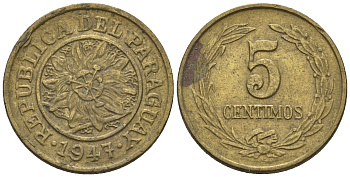 Парагвай 5 сентимо 1947  KM 21 алюминиевая бронза    220-1018